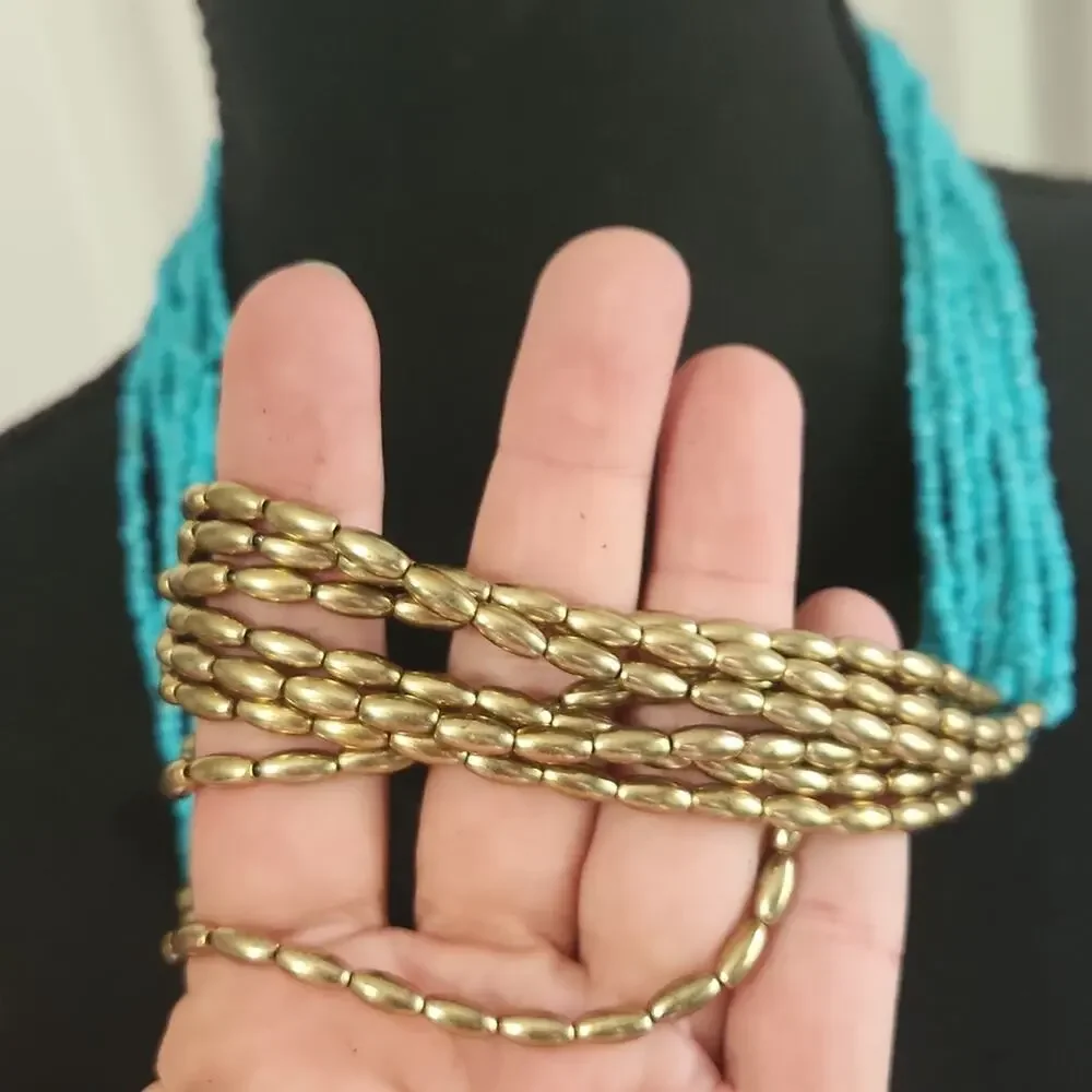 Necklace‎ Blue & Gold Beaded Lobster Claw Clasp